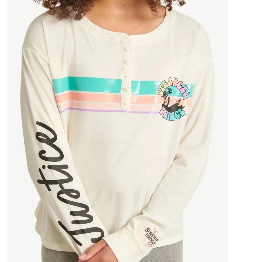 Justice STRANGER THINGS Long Sleeve Creme Henley Shirt GIRLS SIZE XS 5-6 NEW